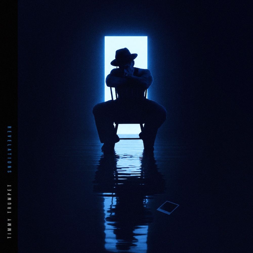 Album cover for Timmy Trumpet's Revelations featuring a silhouette sitting on a chair before a glowing blue doorway with floor reflections.